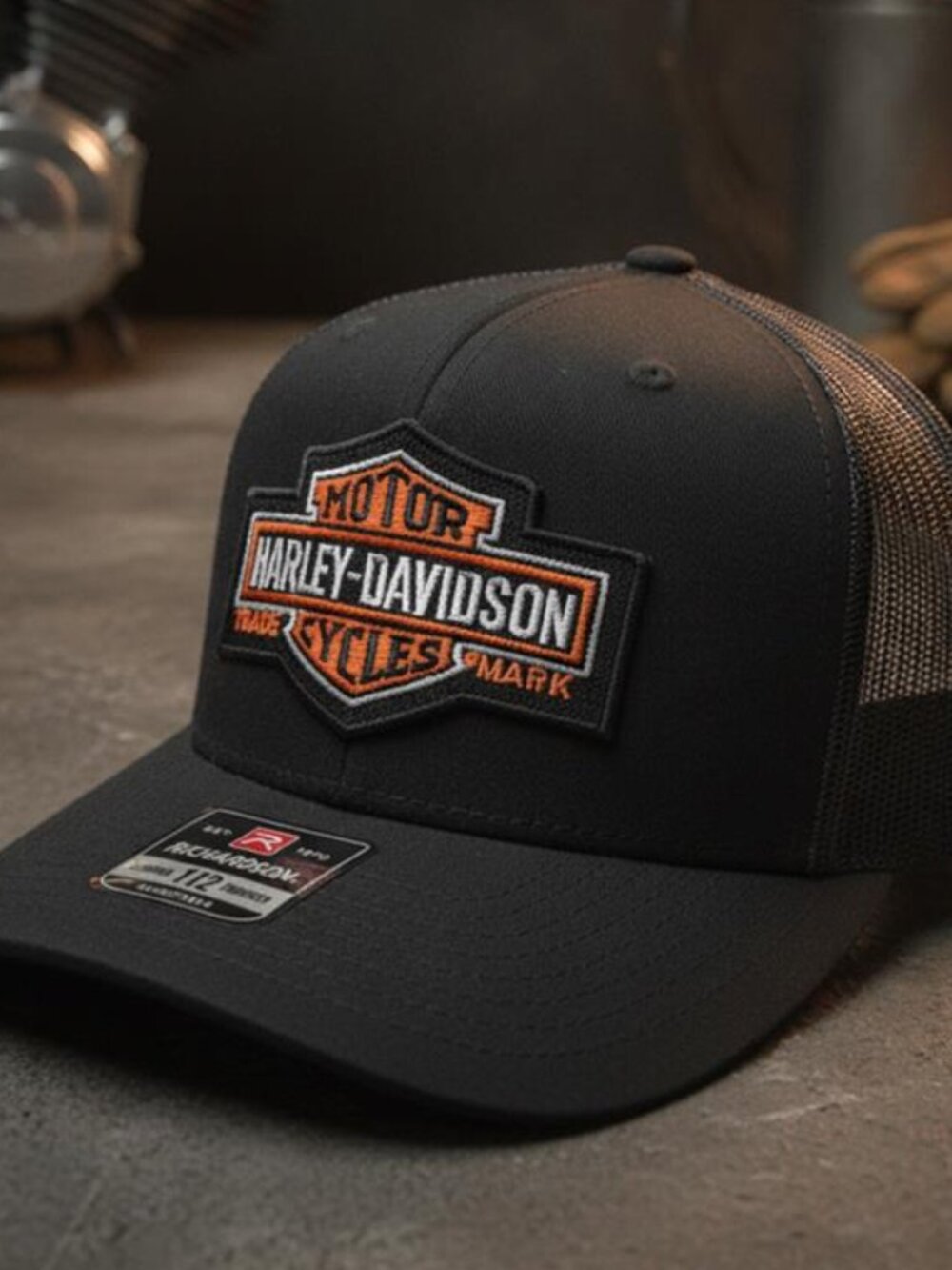 Retro Harley Davidson Biker Patch Richardson 112 Hat All Black Trucker Cap Gear